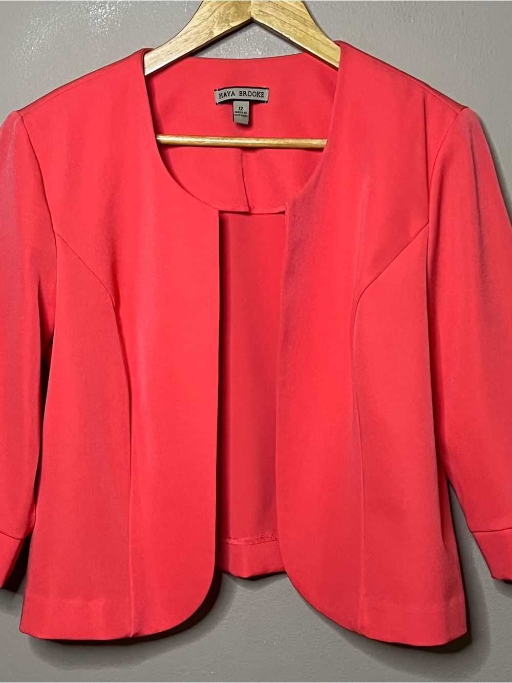 Maya Brooke Cropped Open Front Jacket Women Size 12 Coral Collarless Office